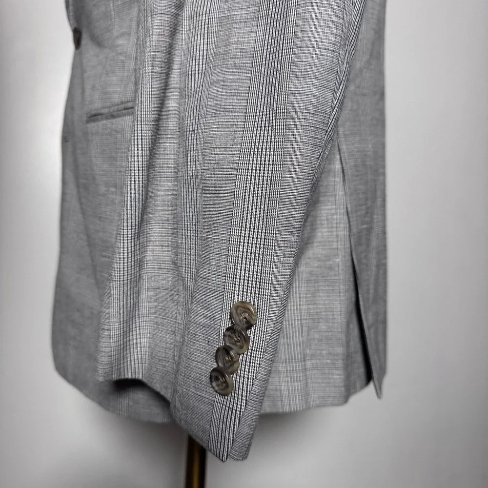 Indochino Mens Gray Glen Plaid Cotton Linen Blazer Sport Coat Jacket 42R Custom